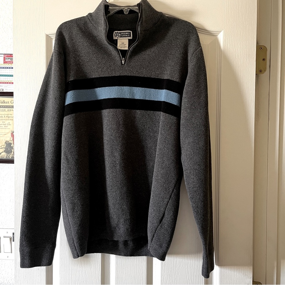 Men’s Route 66 heavy pullover sweater. Gray. Mock turtle neck zip-up collar. M.